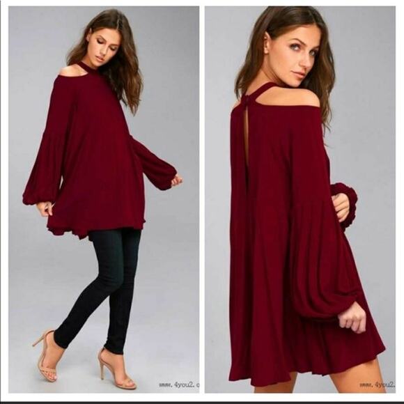 Free People Drift Away Tunic Mini Dress Wine Cold Shoulder Sz S NEW - Picture 11 of 11